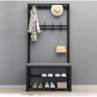 Imagem de Cabideiro, Árvore De Hall 3 Em 1 Com Armazenamento De Sapatos Beh, Beh De Entrada Com Armazenamento De Sapatos, Stand Coat Com Estrutura De Metal E 4 Ganchos Removíveis, 100x33x170cm, Preto