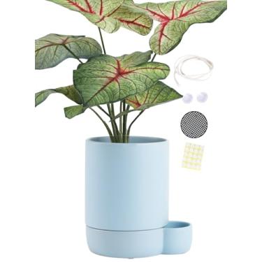 Imagem de BABALIU Vasos de cerâmica autoirrigáveis de 14 cm com corda de algodão absorvente, vaso de flores redondo cilíndrico para suculentas, ervas, violetas africanas, azul, 1 pacote