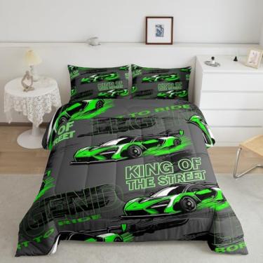 Imagem de jejeloiu Conjunto de cama solteiro de carro de corrida verde, esportes radicais, conjunto de edredom para crianças, meninos e meninas, amarelo e cinza, conjunto de edredom King of the Street, 2 peças