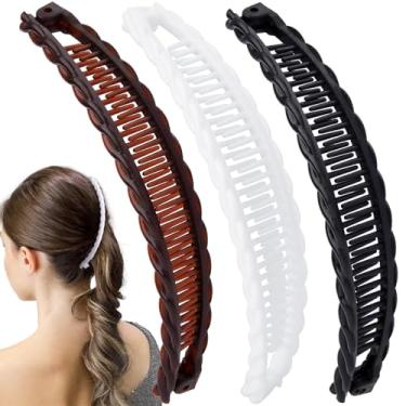 Imagem de Hzopcw 3 grampos de cabelo de banana para mulheres, grampos de cabelo clássicos de pente duplo, acessórios de cabelo antiderrapantes para penteados grossos e finos longos e cacheados - marrom, preto e