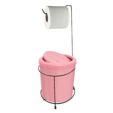 Imagem de Suporte Porta Papel Higiênico Preto Com Lixeira 5L Cesto Lixo Rosa Tam