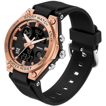 Imagem de findtime Relógio de pulso feminino rosa digital com 5 bar, impermeável, esportivo, com retroiluminação LED, pulseira colorida, alarme analógico, Rosa preta, Digital