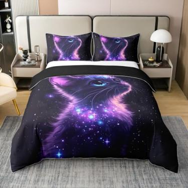 Imagem de jejeloiu Conjunto de capa de edredom de gato, 100% algodão, tamanho casal, estampa de gatos, galáxia, para meninos, meninas, adolescentes, gatinho, espaço sideral, respirável, capa de colcha