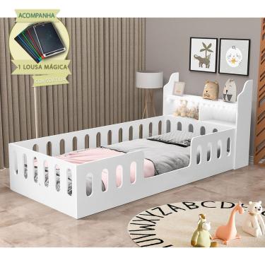 Imagem de Cama de Criança Reforçada Helo Solteiro com Nicho, Led e Lousa Mágica - Branca