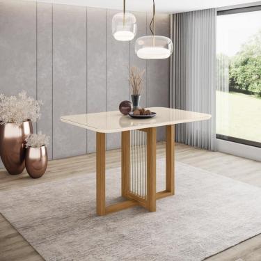 Imagem de Mesa De Jantar Com Tampo Mdf E Vidro Com Canto Arredondado 120 Cm Natalí Henn Nature Com Off White