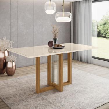 Imagem de Mesa De Jantar Com Tampo Mdf E Vidro Com Canto Reto 160 Cm Natalí Henn Nature Com Off White