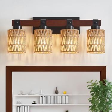 Imagem de Aixialin Luminária De Banheiro Com 4 Luzes, Arandela Madeira Estilo Rústico, Abajur Vime Boho Feito À Mão Em Bambu, Adequada Para Quarto, Corredor E Sala Estar