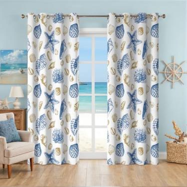 Imagem de Cortinas de praia costeiras decorativas náuticas com ilhós, estrela do mar, cortinas temáticas, isolamento térmico, 50% bloqueio de luz, 150% de comprimento, para sala de estar, quarto, 2 painéis, 132