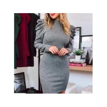 Imagem de Vestido Curto Gola Alta Manga Longa Bufante Canelado Moda Feminina - F