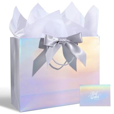 Imagem de Bolsa de presente a laser com fita, bolsa de presente grande de 33 cm com alça, cartão de felicitações e 2 lenços de papel, aniversários, casamentos, dia das mães, chás de panela, aposentadorias