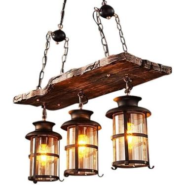 Imagem de Lâmpada Pendente De Madeira Luzes De Ilha Industrial De Cozinha E Lustre E27 Lâmpadas Soquete Estrutura De Gaiola Retangular Para Sala De Jantar Restaut Bar Corda De Cânham, Black, 3 heads