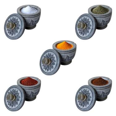 Imagem de Kit 5 Porta Tempero Saleiro Pedra Sabão C/ Colher Decorativo - Ô Bichi