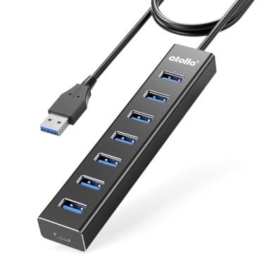 Imagem de Hub USB 3.0, hub USB de alumínio atolla de 7 portas, divisor USB com cabo de extensão de 100 cm e luz indicadora de energia, adequado para PC, laptop, MacBook Pro, etc.