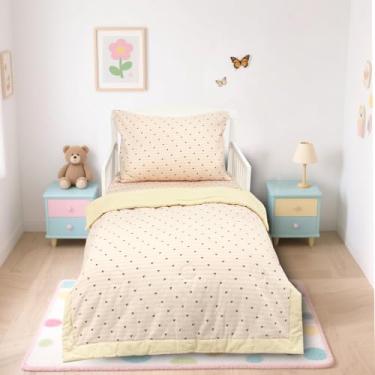 Imagem de Hooyax Jogo de cama infantil de musselina para meninas – Jogo de cama infantil de 3 peças com lençol de elástico, colcha e fronha, roupa de cama respirável e macia com estampa romântica de coração