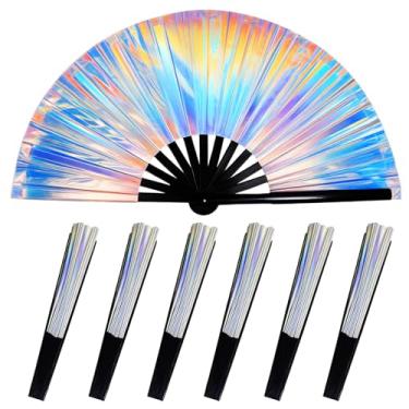Imagem de Shruy 6 peças grande ventilador dobrável de rave, ventilador portátil de clack, ventilador holográfico de cores a laser, para festivais, roupas de arco-íris, festa de discoteca, decoração de casa e