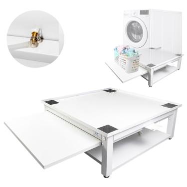 Imagem de EZ Laundry Pedestal de lavadora e secadora branco de 71 cm eleva 25 cm com bandeja de drenagem - antivibração, pés ajustáveis, prateleira removível - ajuste universal para Samsung, LG - suporta até