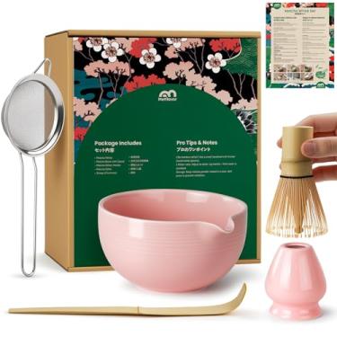 Imagem de Conjunto de batedor Matcha, chasen de bambu feito à mão e kit matcha de tigela de cerâmica, conjunto completo de 5 peças Matcha batedor e tigela com peneira de aço inoxidável, colher de bambu e