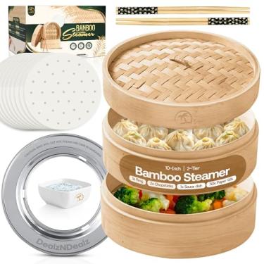 Imagem de Cesta de bambu atualizada para vaporizador de 25,5 cm com alça | 1 anel de aço inoxidável | 2x pauzinhos | 50 forros perfurados | 1 tigela de molho | Fácil de limpar | Cestas de cozimento a vapor para