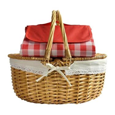 Imagem de Cesta de piquenique com cobertores e tampa, cestas de piquenique de vime com alças, cesto de piquenique vintage de grande capacidade com forro removível para uso ao ar livre, piquenique, acampamento
