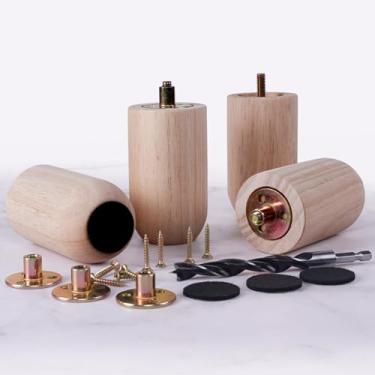 Imagem de Conjunto de 4 pernas de móveis de madeira maciça de 10 cm - Pés de substituição resistentes para armários, artesanato, sofás | Pernas de seringueira inacabadas para bricolage, mesas, cômodas