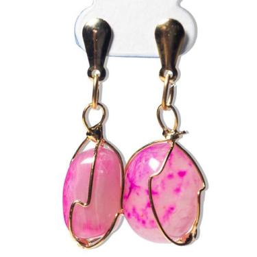 Imagem de Brinco Cesta Amarrada Pedra Ágata Rosa Pino Tarracha Dourado - Cristai