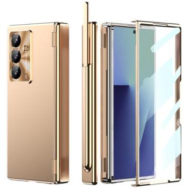 Imagem de YQODSZ Capa para Samsung Galaxy Z Fold 7 com suporte para caneta S e Stylus, [capa de duas dobradiças] Z Fold7 Capa protetora de tela integrada com proteção de dobradiça fina para Z Fold 7 Gold