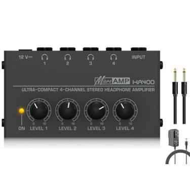 Imagem de HSCLPM Amplificador De Fone Ouvido Com Cabo Áudio, Estéreo Metal Ha400 4 Canais, Mini Divisor Trs 1/4" E Adaptador Alimentação Cc 12 V, Para Mesa Som, Pc, Guitarra, Estúdio Palco (Preto)