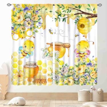 Imagem de Cortinas de abelha, fazenda amarelo girassol favo de mel primavera adorável abelha de mel floral rústico cortina de janela tratamentos para quarto, sala de estar, cozinha, banheiro, 2 painéis, 106,7 x
