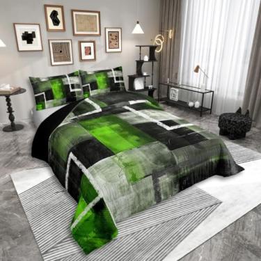 Imagem de Erosebridal Conjunto de edredom solteiro com pintura a óleo verde, aquarela, geométrico, para crianças, adolescentes, adultos, verde, preto e cinza, arte de grafite abstrato, colcha