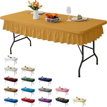 Imagem de RUOYU Toalha de mesa elástica amarela dourada de 1,8 m para mesas retangulares – design rodado, impermeável, resistente a rugas, lavável – ideal para casamentos, festas, banquetes e proteção de mesa