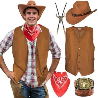 Imagem de 5 Pcs Western Outfits for Men Cowboy Suede Leather Vest Hat Necktie Belt Buckle Paisley Bandana for Halloween Cosplay (Brown, XL)