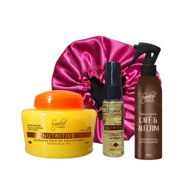 Imagem de Máscara Nutritiva 350g + Loção Capilar 35ml + Sérum Finalizador + Touca de Cetim - Sophie Cosmetic