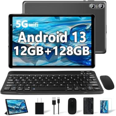Imagem de 10,1 polegadas Tablet com Caso, Teclado e Mouse, Android 13 Tablet, 12GB +128GB, Processador 8-Core, WiFi, Bluetooth, Câmera 5MP+8MP (Cinzento)