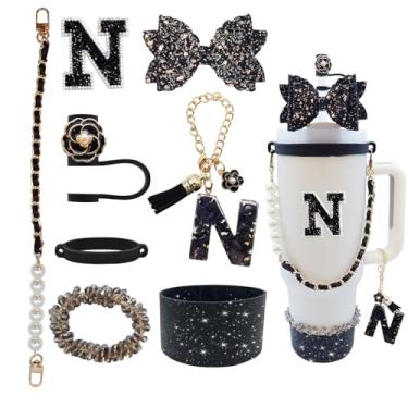 Imagem de Conjunto de 8 peças de acessórios para copo Stanley de 30 e 1,5 g com alça, incluindo topo de palha, bota, alça de alça de garrafa de água, decoração de arco de palha, pulseiras, pingente de letra