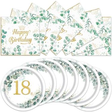 Imagem de 40 peças de decorações de aniversário em verde sálvia neutra com glitter dourado com estampa de eucalipto para 18º aniversário, guardanapos para meninos e meninas, suprimentos de festa de 18 anos