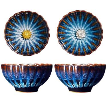 Imagem de Conjunto de xícaras de chá Tenmokus Lotus feitas à mão, estilo chinês tradicional Jianzhan em forno de cerâmica pequenas para cerimônia de chá de Gongfu, conjunto de 2 (crisântemo)