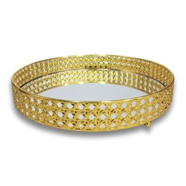 Imagem de Bandeja Espelhada de Metal Luxo Redonda Estampa Palha para Perfumes, Cosméticos e Decoração (Dourada)