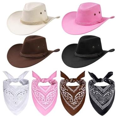 Imagem de Conjunto de 8 peças de chapéu de cowboy e bandana vintage, conjunto de fantasia de cowboy unissex com lenço bandana para mulheres e homens, acessórios de festa, preto, café, creme branco, rosa