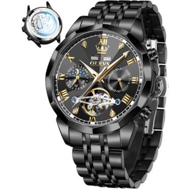 Imagem de OLEVS Relógio masculino automático de aço inoxidável esqueleto mecânico à prova d'água luminoso com corda automática diamante masculino, relógio masculino preto, all black men watch, relógio masculino