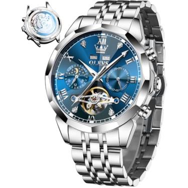 Imagem de OLEVS Relógio masculino automático de aço inoxidável esqueleto mecânico à prova d'água luminoso com corda automática diamante masculino, relógio masculino azul prateado, silver blue men watch, relógio