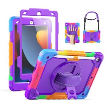 Imagem de SEYMAC Capa infantil para iPad 9ª/8ª/7ª geração de 10,2 polegadas com protetor de tela, alça de mão/suporte giratória, alça de ombro, capa protetora resistente à prova de choque para iPad 10.2, roxo