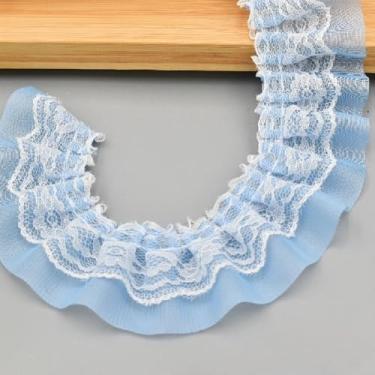 Imagem de Yalulu 20 metros de acabamento de renda de chiffon plissado, acabamento de renda com babados, acabamento de tule, fita de tecido para artesanato de costura faça você mesmo, enfeites de fronha (azul)