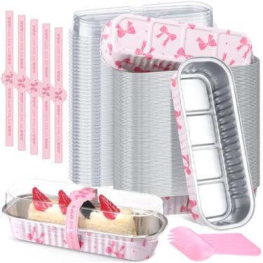 Imagem de Tioncy 50 peças de mini formas de pão rosa com tampas, colheres, adesivo, laço rosa fofo, 200 ml, retangular, folha de alumínio, formas de assar muffins, copos de cupcake para piqueniques, casamento