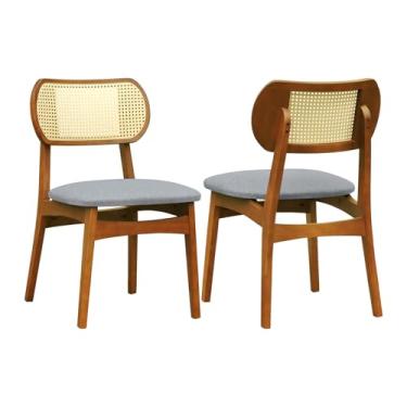 Imagem de Kit 2 Cadeiras Organik Encosto Anatômico com Telinha Rattan Natural - Amêndoa - Assento Estof. Linho Cinza Mescla Impermeável