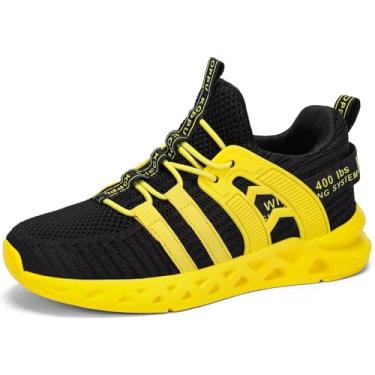 Imagem de koppu Tênis de corrida infantil para meninas e meninos da escola primária para estudantes esportivos primavera e outono sapatos casuais, Preto, amarelo, 11 Little Kid