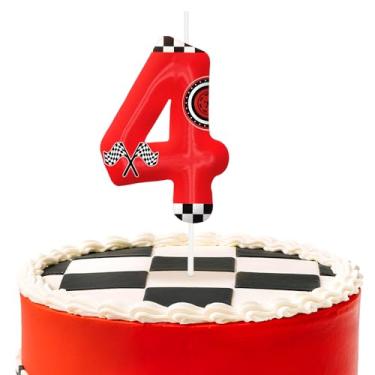 Imagem de Velas vermelhas de aniversário número 4, topo de bolo temático de carros de corrida para decoração de bolo para meninos e meninas, decorações de aniversário, suprimentos de festa, velas numéricas para