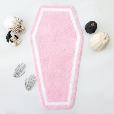 Imagem de TRUEDAYS Tapete de banheiro de caixão rosa - Tapete de banho macio elegante para meninas, decoração gótica divertida de Halloween - Tapete de banho antiderrapante chique para banheiro com vibração