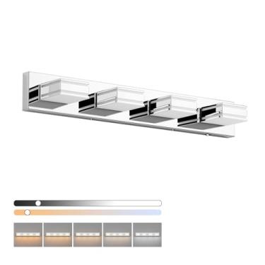 Imagem de Ralbay Luminária cromada de 76 cm para banheiro com 5 temperaturas de cor (3000 K-6000 K) luminárias de banheiro cromadas modernas de aço inoxidável regulável (4 luzes)