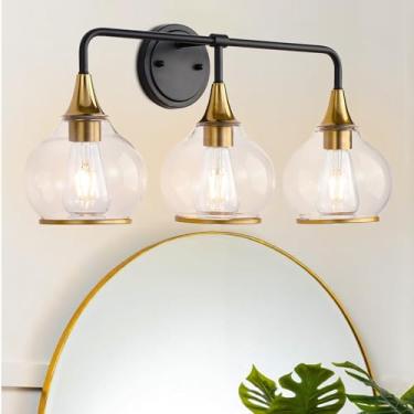 Imagem de Litaddscen Luminária de banheiro dourada escovada de 3 luzes, luminárias de banheiro pretas e douradas com sombra de vidro globo transparente, arandelas de parede modernas para espelho cozinha e sala
