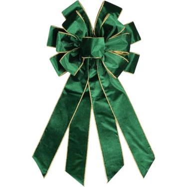 Imagem de YKW Grande laço de Natal de veludo verde 53 cm x 29 cm com acabamento dourado - laço de guirlanda de férias premium para porta da frente, topo de árvore, decorações tradicionais de Natal